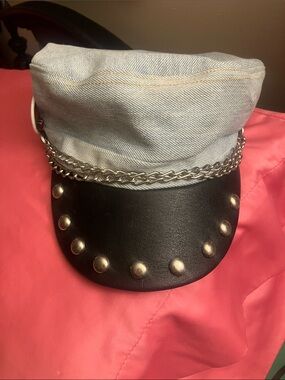 Chain-Trim Denim & Leather Studded Cadet Cap newsboy cabbie hat punk rock glam